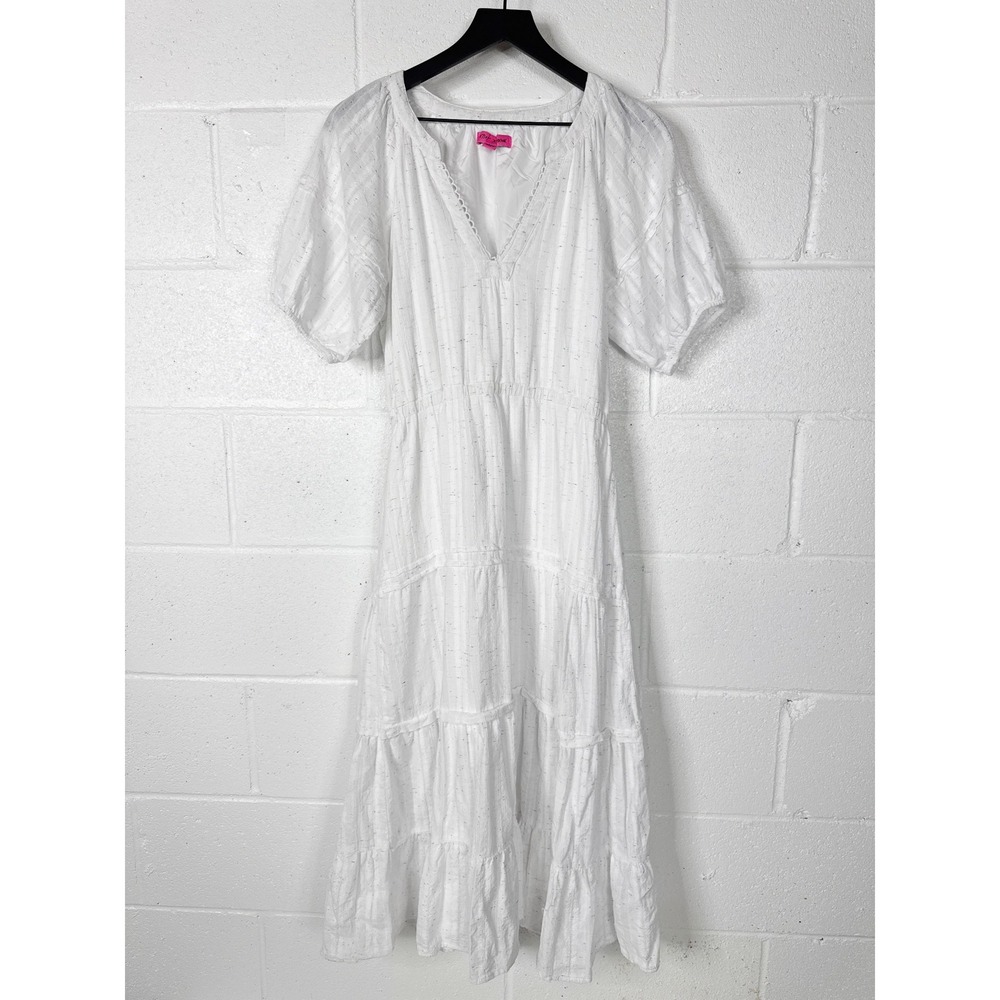 Betsey Johnson White Puff Sleeve Maxi Dress Womens Medium Tiered‎ Cotton Blend